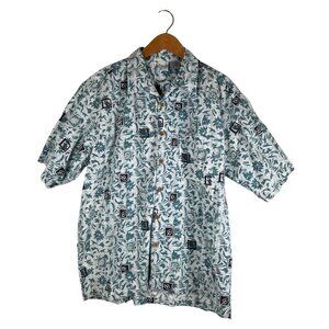 OP Sport Mens Size L Hawaiian Camp Shirt Blue Retro Print Cotton Blue Side Slits